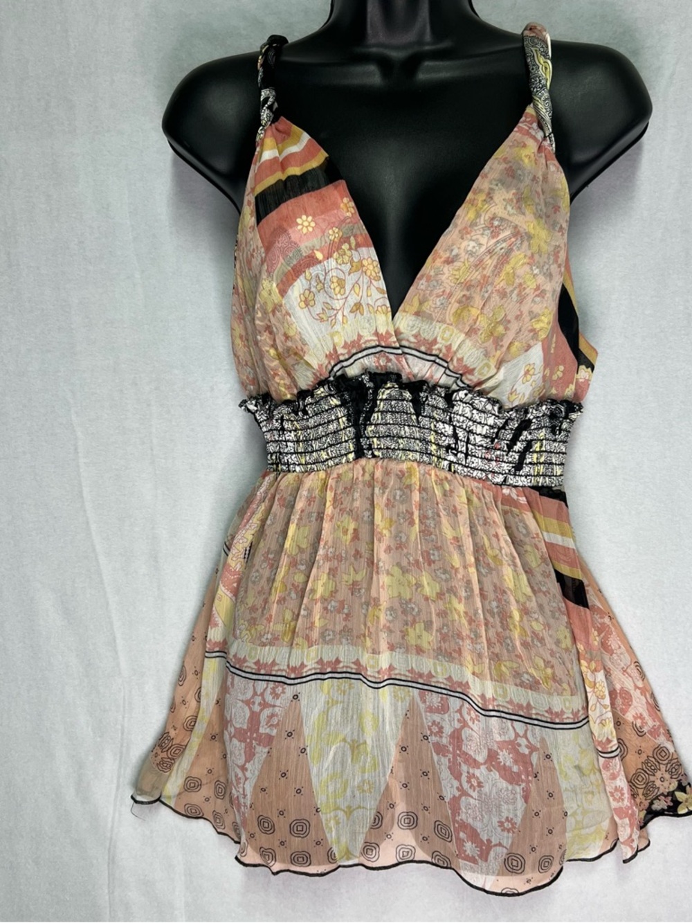 Sheer Boho Fairy Halter Top Smocked Waist Floral Coquette Festival Y2K Indie L